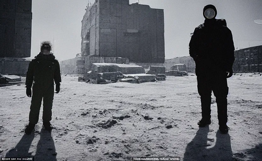 Prompt: In a futuristic space city of Neo Norilsk on the Moon, a Mysterious man is standing in the middle of a close up street photo by Trent Parke, the sun is blinding, a Russian city on the Moon
