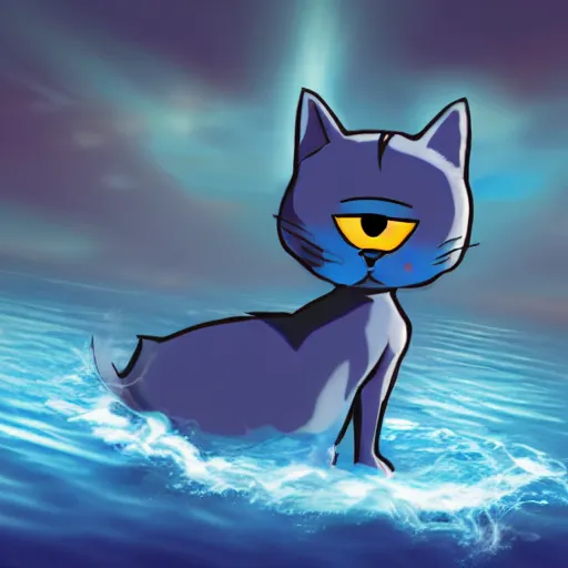 Image similar to a realistic blue cat superhero with water powers, glowing eyes, ocean background,cat is floating in air