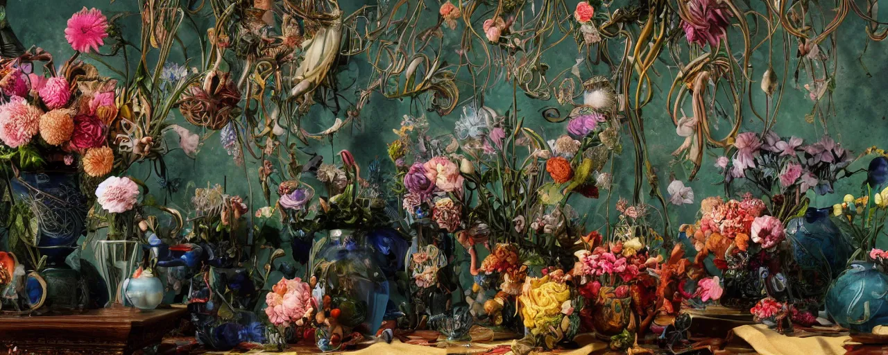 Prompt: ultradetailed reailistic still life with flowers by ernst haeckel, caravaggio, roger dean and andrei tarkovsky, beautiful drapes and colourful vases with patterns, jelly tentacles, wide angle, cinematic, rich vivd colours, ethereal, octane render, bokeh, unreal engine, 4k 3d render