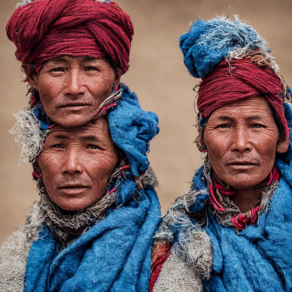 Prompt: close up portrait of a sherpa, photograph, blue and red studio light, sharp, detailed face, gaze, editorial model, photo, annie leibovitz, steve mccurry, david lazar, 1 0 5 mm, f 2. 8, in an oasis, 8 k, detailed