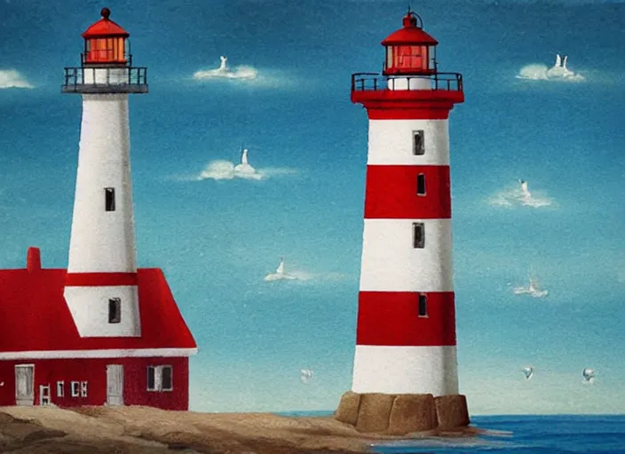 Prompt: whimsical simple folk art lighthouses, lowbrow, matte painting, 3 - d highly detailed, in the style of ammi phillips,