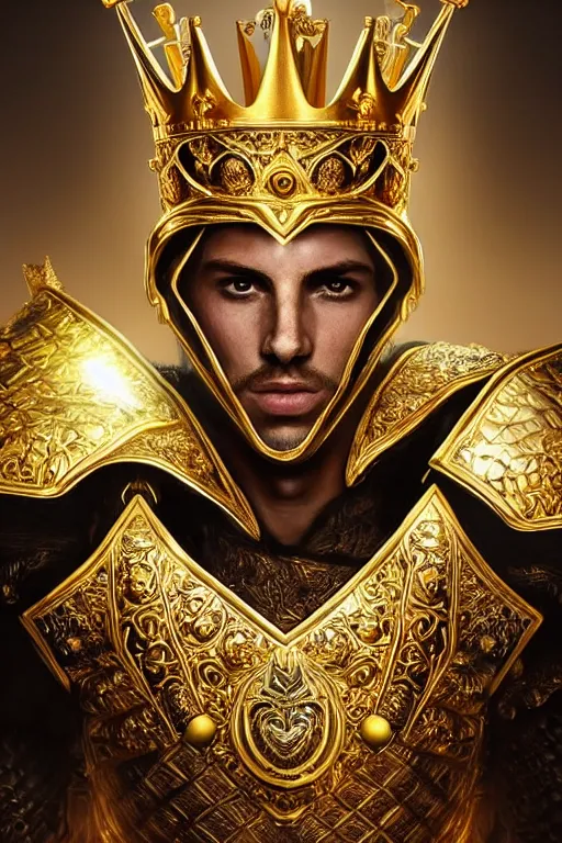 Prompt: Hyper-realistic upper-body Portrait of the King of the Desert, Warrior, Gold Armour and Crown, Sword, handsome attractive face, attractive young man, beautiful face, photo realistic, dramatic lighting, majestic, trending on artstation, elegant, intricate, highly detailed, digital painting, concept art, sharp focus, illustration, art by artgerm and greg rutkowski and alphonse mucha