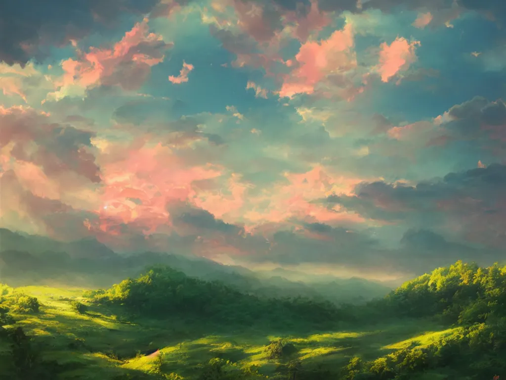Prompt: lush green valley pink clouds backlit by yellow sun, nostalgic, calming, aesthetic, volumetric fog, godrays, high contrast, high contrast, high contrast, vibrant colors, vivid colors, high saturation, by Greg Rutkowski and Jesper Ejsing and Raymond Swanland and alena aenami, featured on artstation, wide angle, vertical orientation