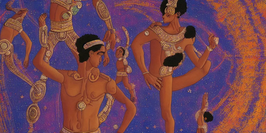 Prompt: an abstract space station background, a multiracial greek god dancing, clear eyes. 2 4 mm, photorealistic, muted color scheme, directed by mati klarwein