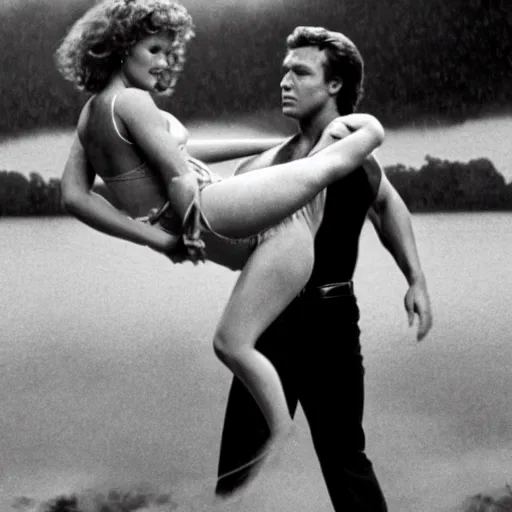 Image similar to dirty dancing poster with closeup portrait of young arnold schwarzenegger lifting up jennifer lawrence in the rain, 5 0 mm cinema shot, beautiful light, best lense, 9 0 s romantic movie, 4 k