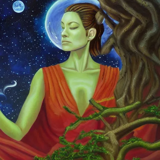 Image similar to A detailed oil painting of a space empress meditating under a tree, detailed artwork