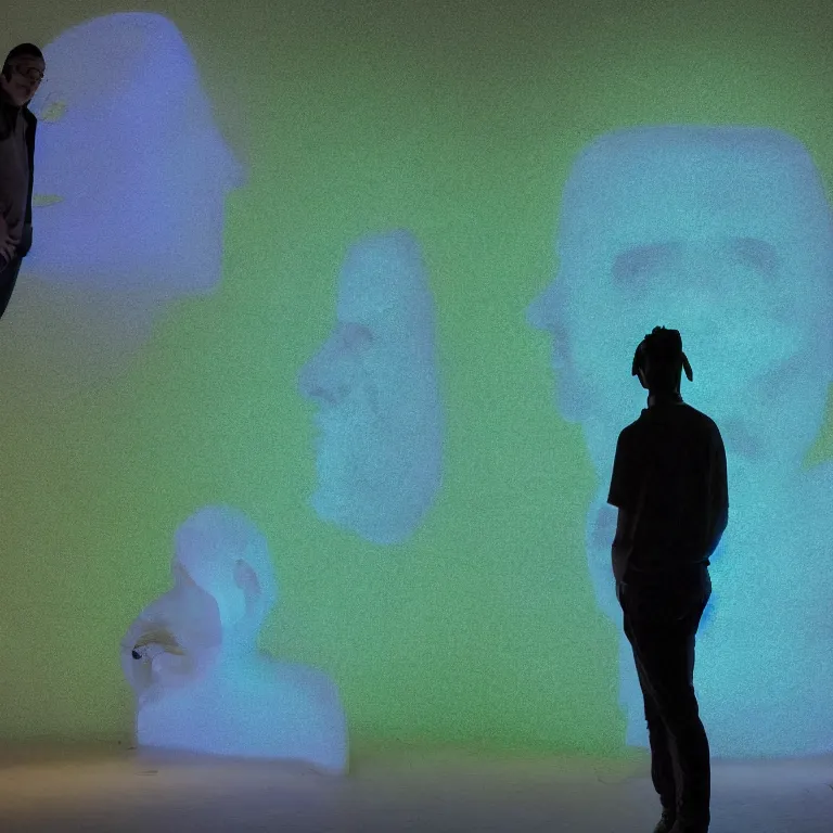 Image similar to fluxus performance of'blue and green'gradient colors light projection onto a few giant smiling human heads in a cramped art gallery, high contrast hyperrealism trending on arstation 8 k