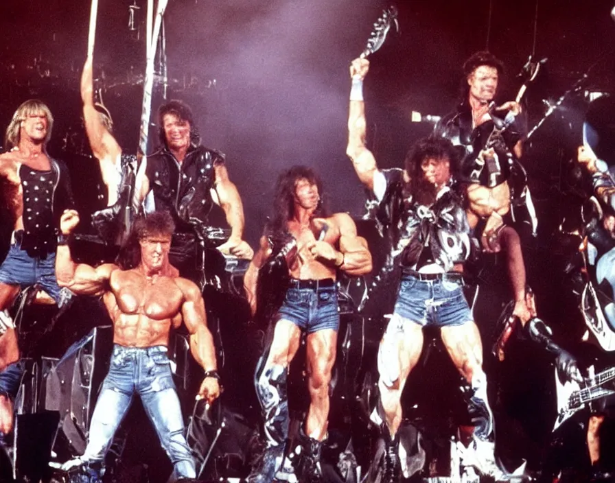 Image similar to colour photo off arnold schwarzenegger, sylvester stallone, dolph lundgren, Chuck Norris and Jean-Claude Van Damme in a heavy metal band, playing guitars, drums, on stage at monsters of rock 1985