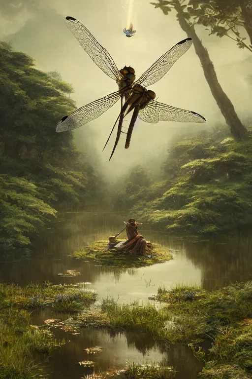 Prompt: a portrait of a dragonfly above a pond by Greg Rutkowski, Sung Choi, Mitchell Mohrhauser, Maciej Kuciara, Johnson Ting, Maxim Verehin, Peter Konig, final fantasy , mythical, 8k photorealistic, cinematic lighting, HD, high details, atmospheric,