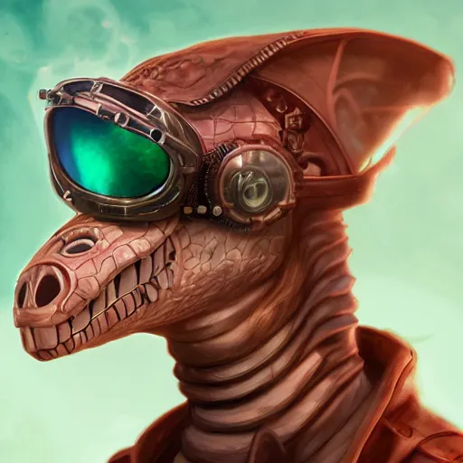 Prompt: a profile picture of a reptilian with steampunk googles, by ROSS tran, 4k