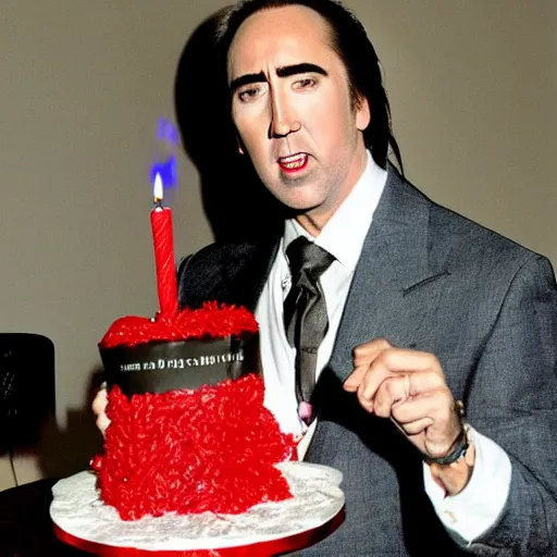 Prompt: nicholas cage holding a birthday cake, vampire's kiss