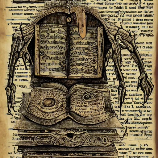 Image similar to depiction of artificial intelligence in grimoire, neural networks, vintage look, weathered pages, spells, demons, high detail,