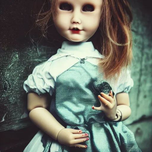 Prompt: embrace porcelain doll, haunted, vintage clothing and a silver locket, spooky mansion, photorealistic, cool colors, glowing red eyes, bokeh, specks of dust, depth of field 20mm,