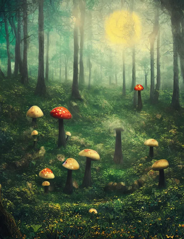 Image similar to mysterious fairy landscape of a mushroom kingdom in the middle of the foggy forest, ornate, misty, dark fantasy, intricate, ring light, baroque elements, van gogh art styles