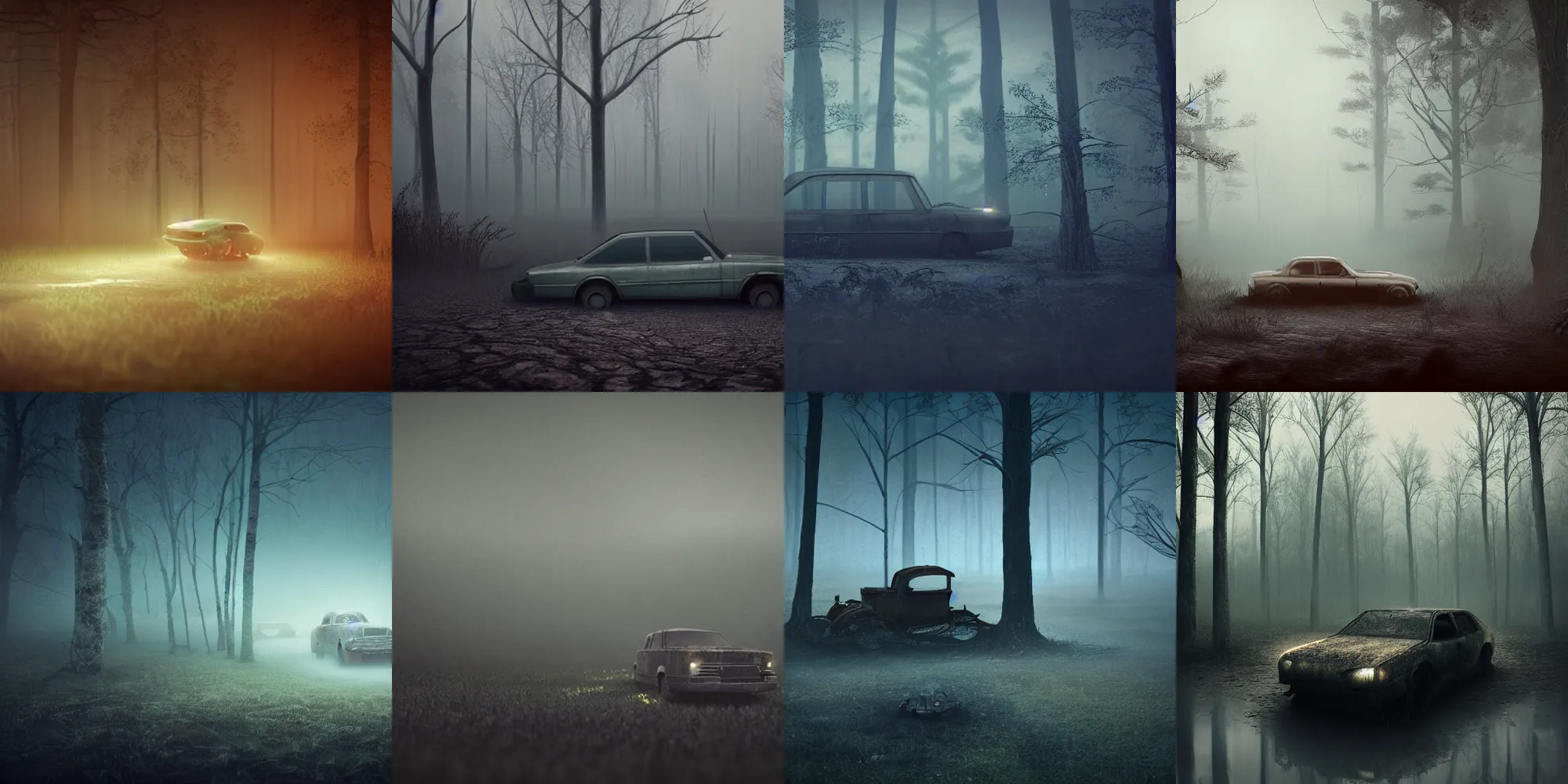 Prompt: beautiful dark creepy foggy swamp landscape, old abandoned car sinking, in the style of beeple and Mike Winkelmann, intricate, epic lighting, cinematic composition, hyper realistic, 8k resolution,