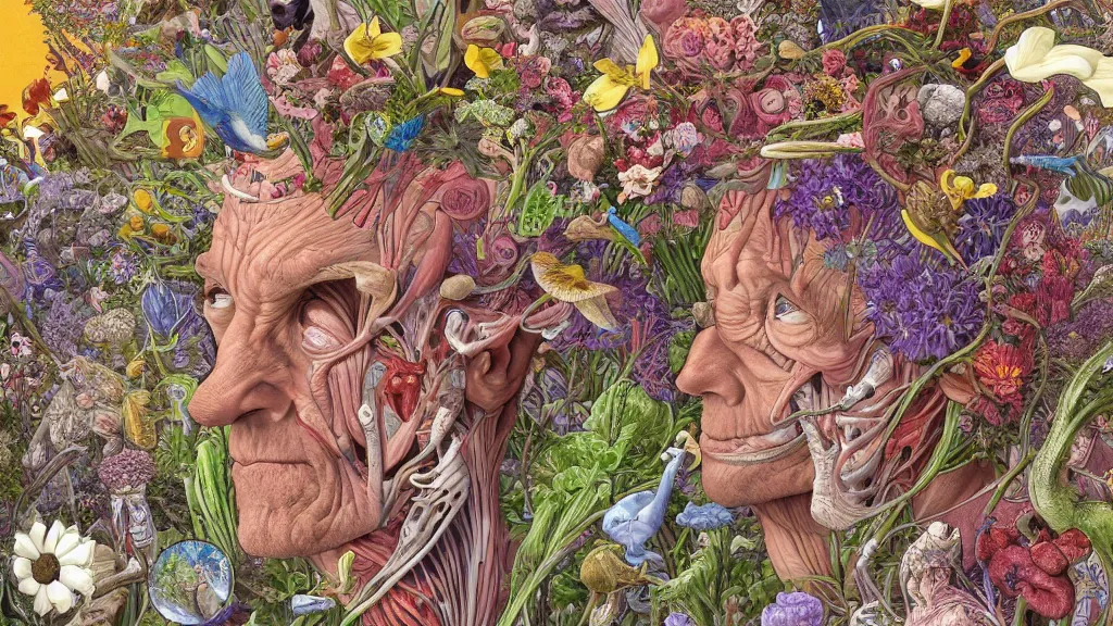 Image similar to highly detailed illustration of a human anatomy head surrounded by all the known species of flowers by juan gatti, by moebius!!, by oliver vernon, by gottfried bammes, by joseph moncada, by damon soule, by manabu ikeda, by kyle hotz, by dan mumford, by kilian eng