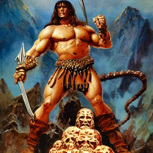 Image similar to warriors standing on a mountain of skulls. Artwork by Frank Frazetta and Boris Vallejo. Inspired by Conan the barbarian