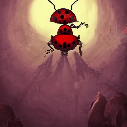 Prompt: ladybug as a monster, fantasy art style, scary atmosphere, nightmare - like dream ( cartoon style )
