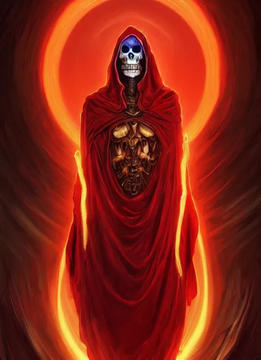 Prompt: portrait of skeletor, red glowing eyes, cloak, fantasy, extremely detailed, digital painting, artstation, concept art, smooth, sharp focus, illustration, stunning lighting, art by artgerm and alphonse mucha and simon stalenhag, realistic character concept, high fantasy, light atmosphere, golden ratio, cinematic