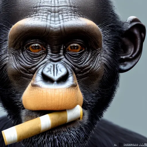 Image similar to a high detail closeup shot of a chimp wearing a suit 👔,and smoking a cigarrette🚬, cgcosiety, artstation, unreal engine, realism