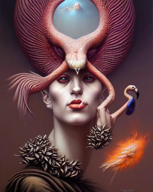 Prompt: a detailed portrait of dreampunk goddess ( flamingo ) ( python ) hybrid mix beautiful! ( ( smoke ) ) by tomasz alen kopera and peter mohrbacher