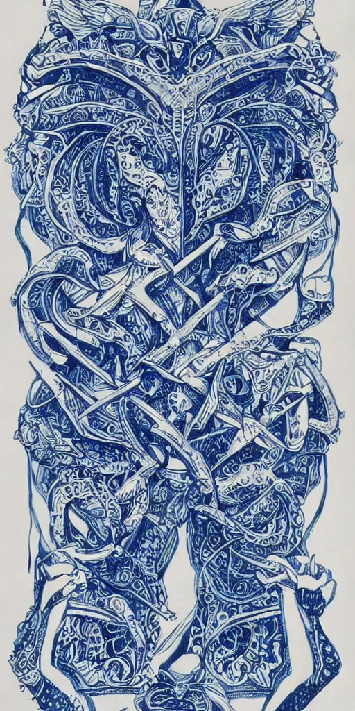 Image similar to blue paper + an intricate gemini depiction + symmetry + elaborate ink illustration