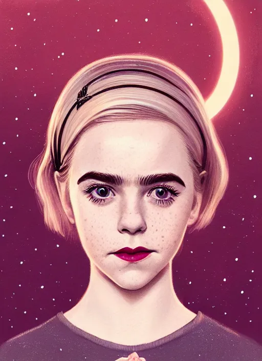 Image similar to portrait of kiernan shipka as sabrina spellman, freckles, white hair, 1 9 6 0 s bob hairstyle, hairstyle with bangs, hairband, intricate, elegant, glowing lights, highly detailed, digital painting, artstation, concept art, smooth, sharp focus, illustration, art by wlop, mars ravelo and greg rutkowski