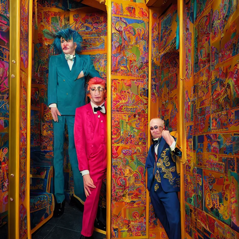 Image similar to professional octane render portrait by wayne barlow and carlo crivelli and glenn fabry, a flamboyant man in a bright colorful saturated wes anderson elevator operator costume inside a dark and moody vintage elevator in a high - end exotic vintage boutique hotel, very short depth of field, bokeh