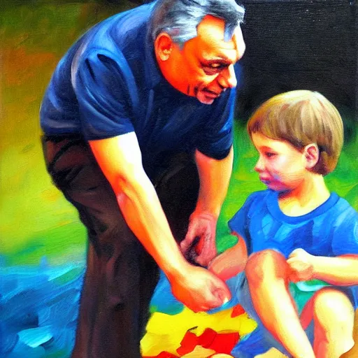 Image similar to viktor orban playing with a small child, oil painting