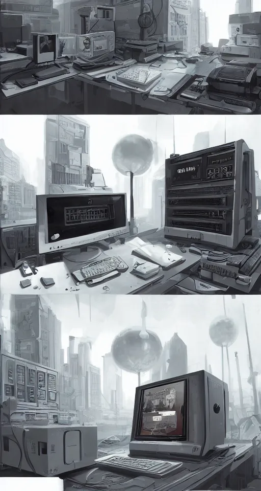 Image similar to A giant computer with a 404 error code, by Emiliano Ponzi, by Chris Ware, neogeo, criterion collection, concept art, hyper realism, unreal engine