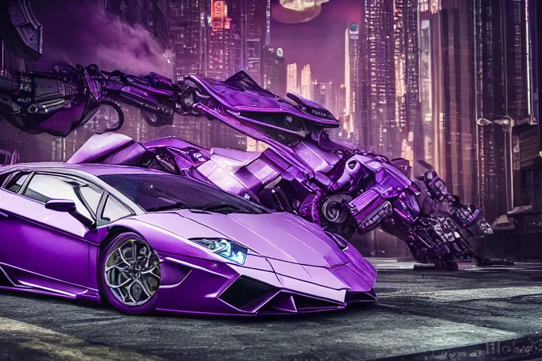 Image similar to hyper detailed purple lamborghini transformer, mecha cyberpunk city street background, 8 k photograph, dramatic lighting,