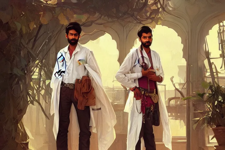 Image similar to Anxious good looking pale young Indian doctors wearing Western clothes at the airport, portrait, elegant, intricate, digital painting, artstation, concept art, smooth, sharp focus, illustration, art by artgerm and greg rutkowski and alphonse mucha