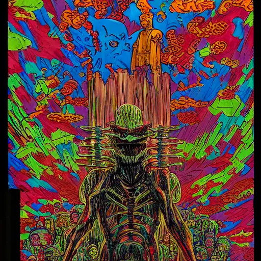 Image similar to crayon art by geof darrow tumultuous. in the center of the photograph is a large gateway that seems to lead into abyss of darkness. on either side of the gateway are two figures, one a demon - like creature, the other a skeletal figure.