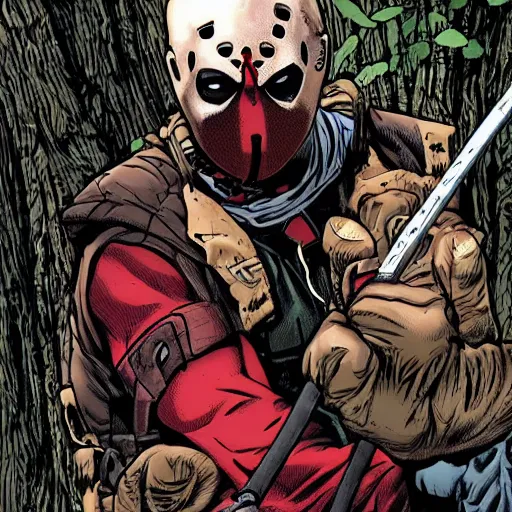 Prompt: jason voorhees and deadpool in the woods 4 k detailed super realistic