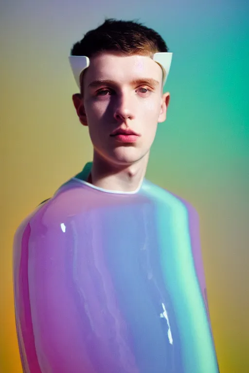 Image similar to high quality pastel coloured film mid angle portrait photograph of a beautiful young 2 0 year old male, soft features, short hair, perspex space visor and oversized inflated clothing!!!! icelandic black! rock pool environment. atmospheric three point light. photographic. art directed. ( pastel colours ). volumetric. clearcoat. waves. 8 k. filmic.