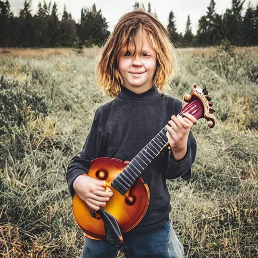 Image similar to a photo of a boy with long hair playing mandolin in the wilderness