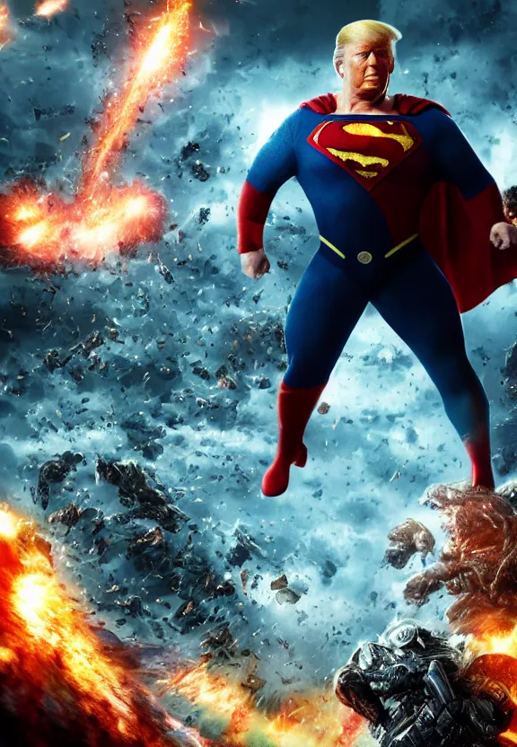 Image similar to Portrait of Donald Trump as superman in Gears of War, splash art, movie still, cinematic lighting, dramatic, octane render, long lens, shallow depth of field, bokeh, anamorphic lens flare, 8k, hyper detailed, 35mm film grain