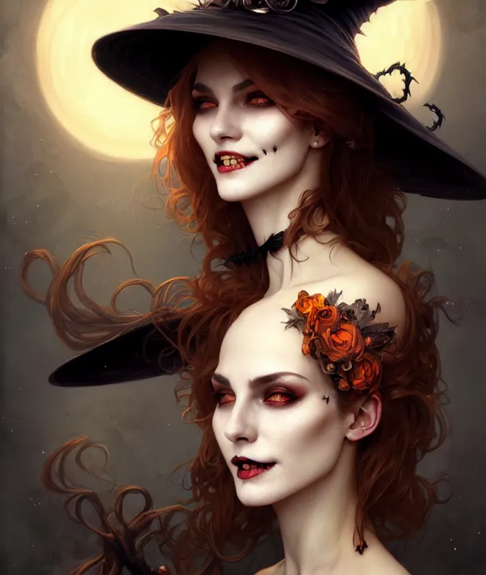 Image similar to halloween witch woman in a hat smiles, fantasy magic, undercut hairstyle, dark light night, intricate, elegant, sharp focus, illustration, highly detailed, digital painting, concept art, matte, art by wlop and artgerm and greg rutkowski and alphonse mucha, masterpiece