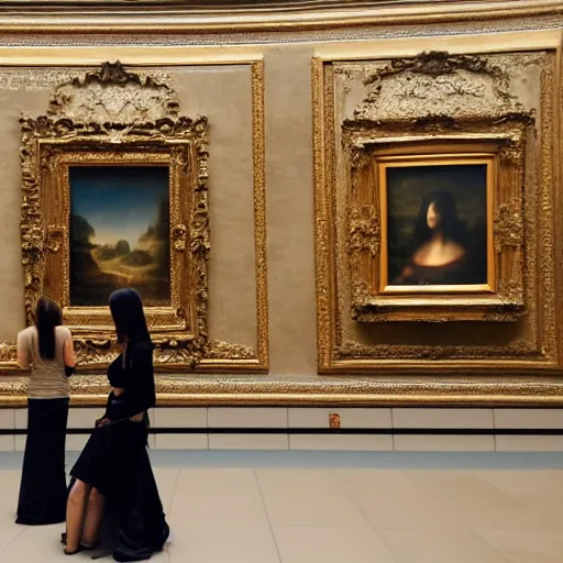 Image similar to shot from a distance, full room view, renaissance, rococo, manga, tonal, young lady, thin, dark hair, wearing flowing long dress, flowers, viewing the mona lisa painting inside the lourve