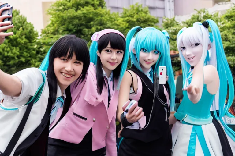 Image similar to two people taking a selfie with Hatsune miku outside of a hotel Scene from TV show 55mm