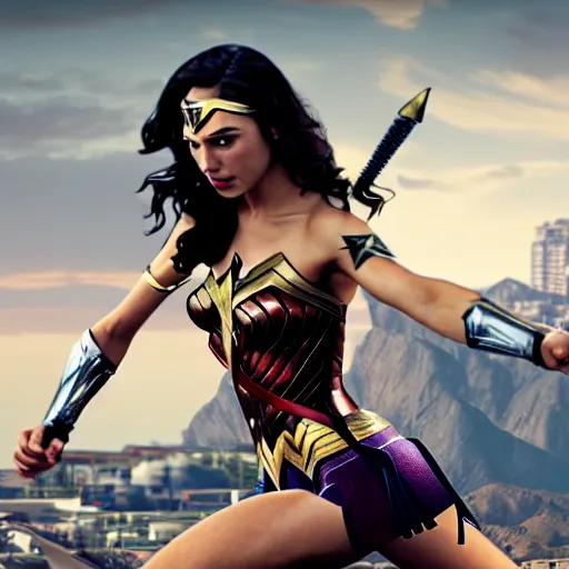 Prompt: Gal Gadot as Wonder Woman juggling knives in GTA 5.