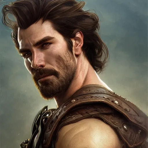 Image similar to portrait of a young, ruggedly handsome ranger, soft hair, muscular, half body, leather, fantasy, intricate, elegant, highly detailed, digital painting, artstation, concept art, smooth, sharp focus, illustration, art by artgerm and greg rutkowski and alphonse mucha