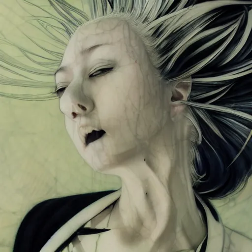 Image similar to Yoshitaka Amano realistic illustration of an anime girl with white hair and cracks on her face wearing dress suit with tie fluttering in the wind, abstract black and white patterns on the background, noisy film grain effect, highly detailed, Renaissance oil painting, weird portrait angle