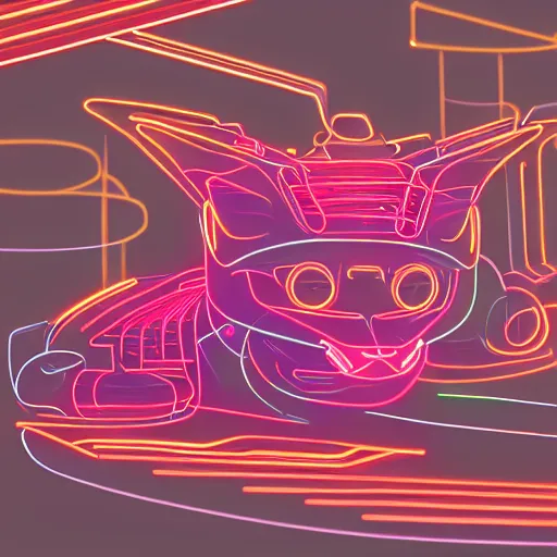Prompt: a half robot cat wearing a hat, outlined by whirling illuminated neon lines, outrun, vaporware, shaded flat illustration, digital art, trending on artstation, highly detailed, fine detail, intricate
