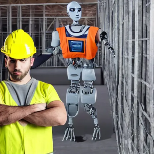 Prompt: man dressed in construction clothes next to him is a robot