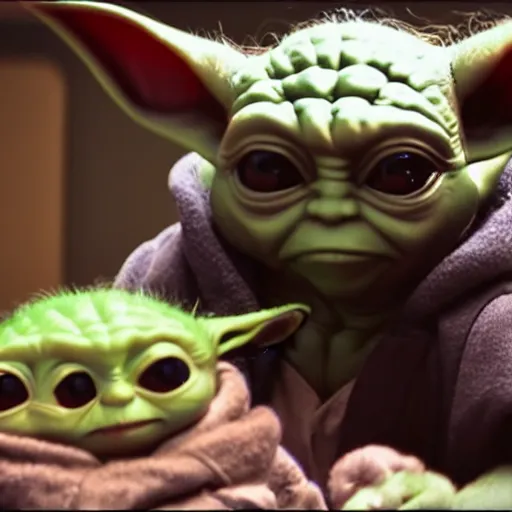 Image similar to neon movie still from mandalorian with angry baby yoda.