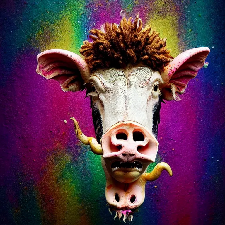Prompt: cute xenomorph, cow head, lion mane, pig nose, sheep horns, splatter paint, desaturated rainbow color palette, symmetrical, golden ratio, rule of thirds, passport photo