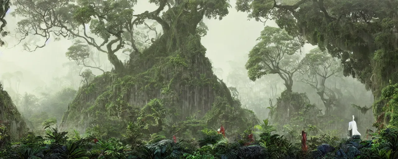 Prompt: massive stone temple overgrown with vegetation, an old shipwrecked ship in the middle of the composition, striking composition, huge scale, deep forest, huge ficus macrophylla, gentle mists, subtle color variations, highly detailed, a white robed benevolent magician clothed in a royal garment in contemplation meditating upon God, by Eyvind Earle and Mary Blair