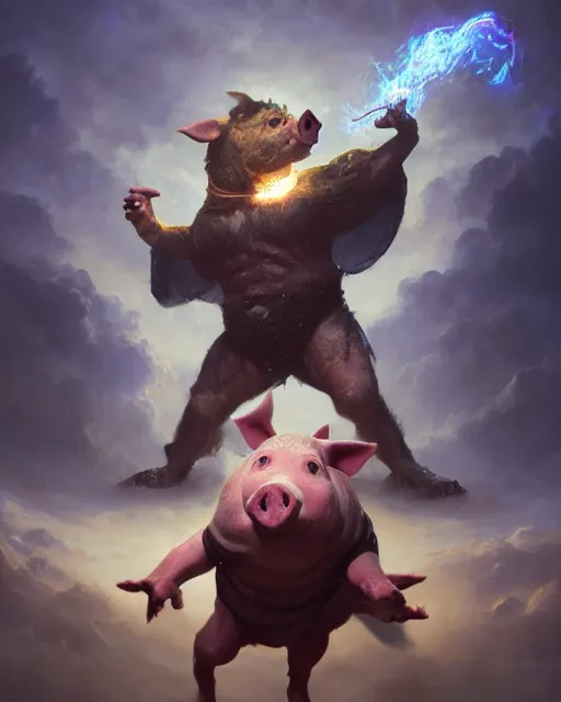 Image similar to oil painting of a Anthropomorphized pig casting an epic spell, sharp focus, heroic pose, fantasy style, octane render, volumetric lighting, 8k high definition, by greg rutkowski, highly detailed, trending on art Station, magic the gathering artwork, centered