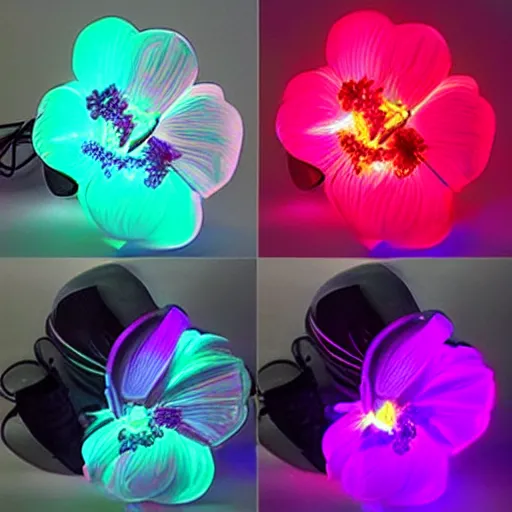 Image similar to mechanical, cybertronic, led hibiscus flower, glowing